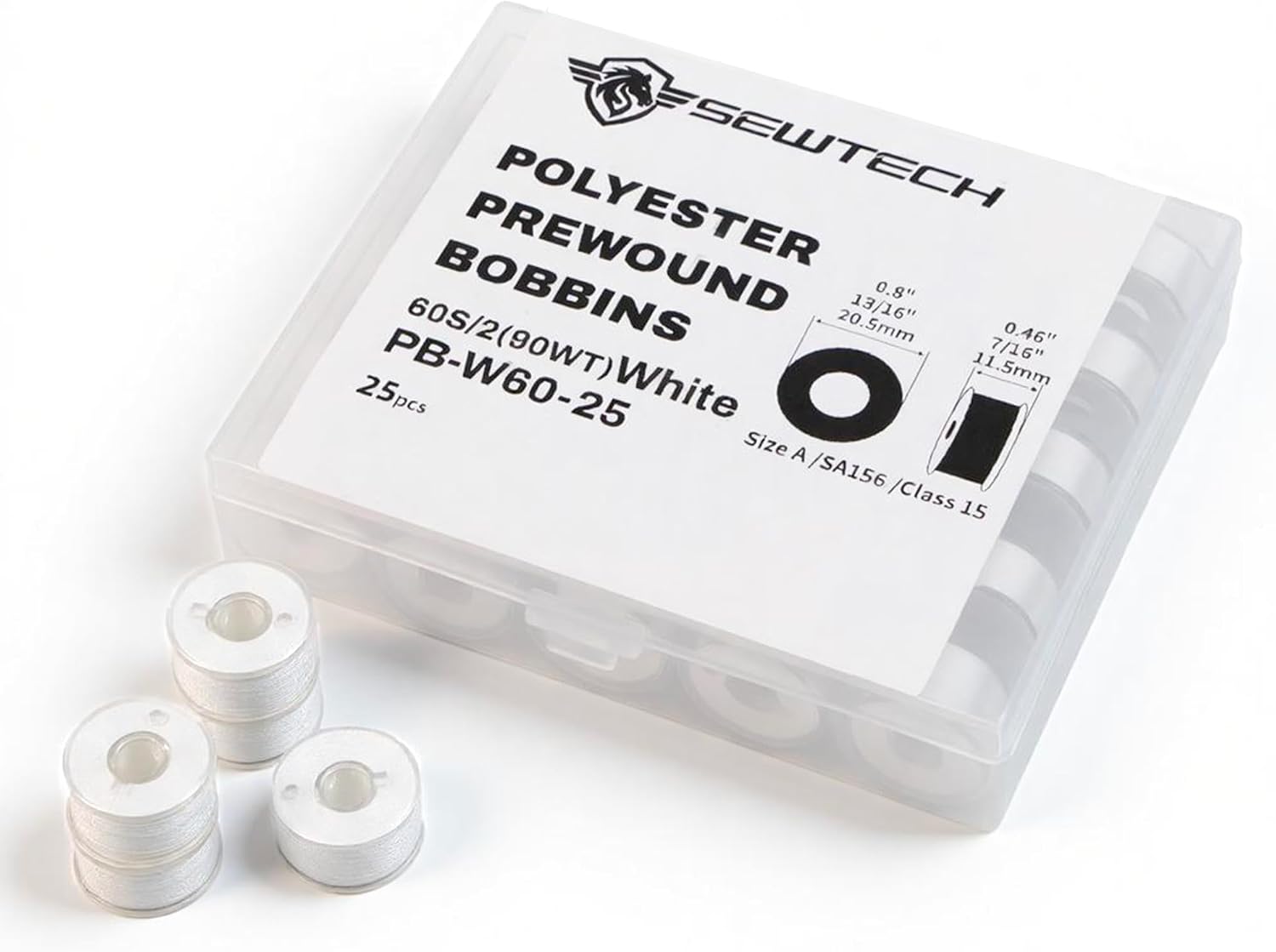 Sew Tech 25pcs White 60S/2 (90WT) Prewound Bobbin Thread Plastic Size A SA156 for Brother Babylock Janome Singer Elna Embroidery and Sewing Machines