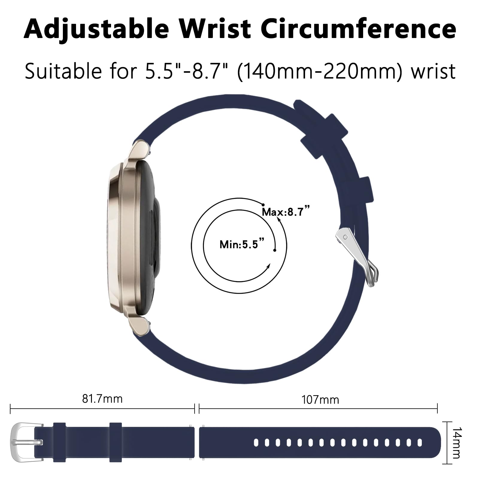 TopPerfekt Band Compatible with Garmin Lily 2, Slim Soft Silicone Quick Release Replacement Wristband for Lily 2, Garmin Lily2 Active(14mm) Smartwatch Strap - Midnight Blue