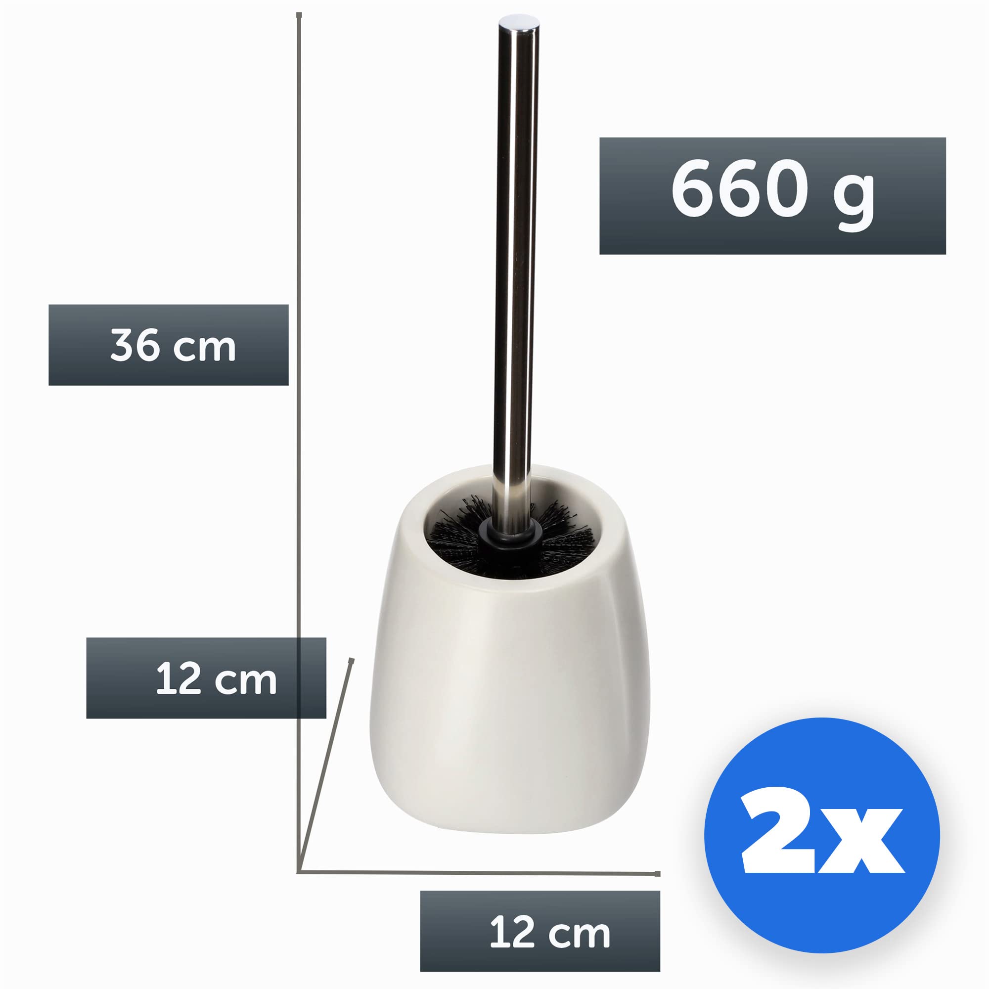 KADAX Escobilla de Baño con Base de Cerámica, Mango Largo de Acero y Cerdas Duraderas para una Limpieza Profunda de Inodoros (Set de 2, Blanco)