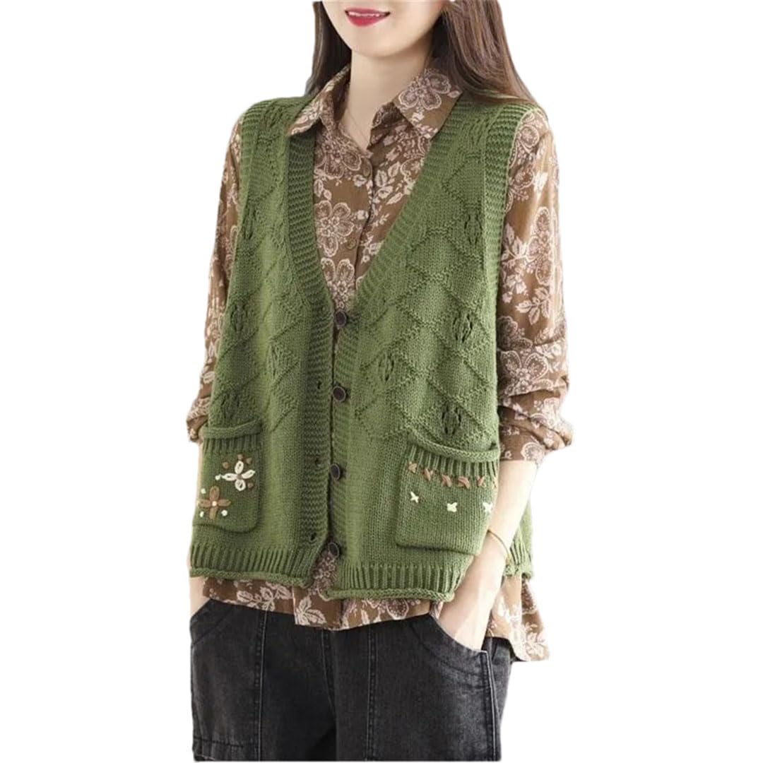 Alloaone Maglione da Donna Gilet con Scollo A V Senza Maniche Maglione Lavorato A Maglia Cardigan con Tasche A Fiori Top Senza Maniche