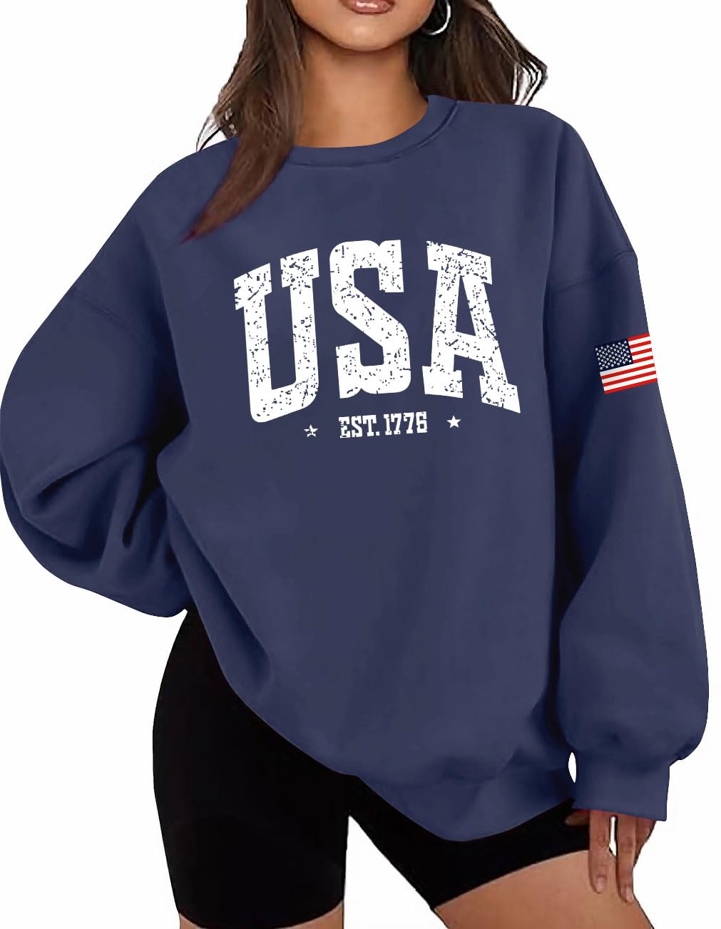 Lacozy Womens Oversized USA Sweatshirt Crewneck American Flag Sweater Long Sleeve Loose Fleece Top 4th of July Outfit