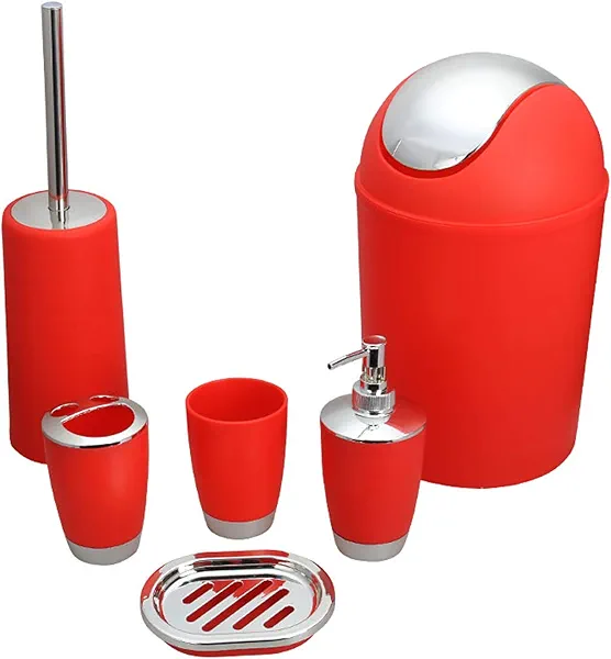 Bathroom Accessories Set, 6-Piece Plastic Gift Set, Toothbrush Holder, Toothbrush Cup, Soap Dispenser, Soap Dish, Toilet Brush Holder, Trash Can (RED)