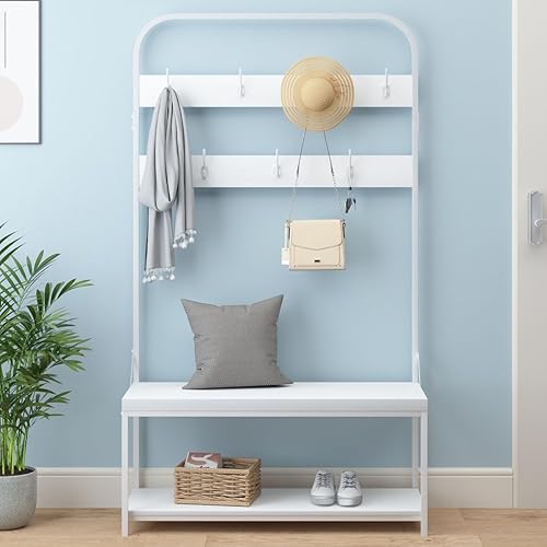 Miniatura 7 de IBF Perchero con banco de zapatos, árbol de pasillo 3 en 1 con banco de almacenamiento para entrada, árbol industrial de metal y madera con estante