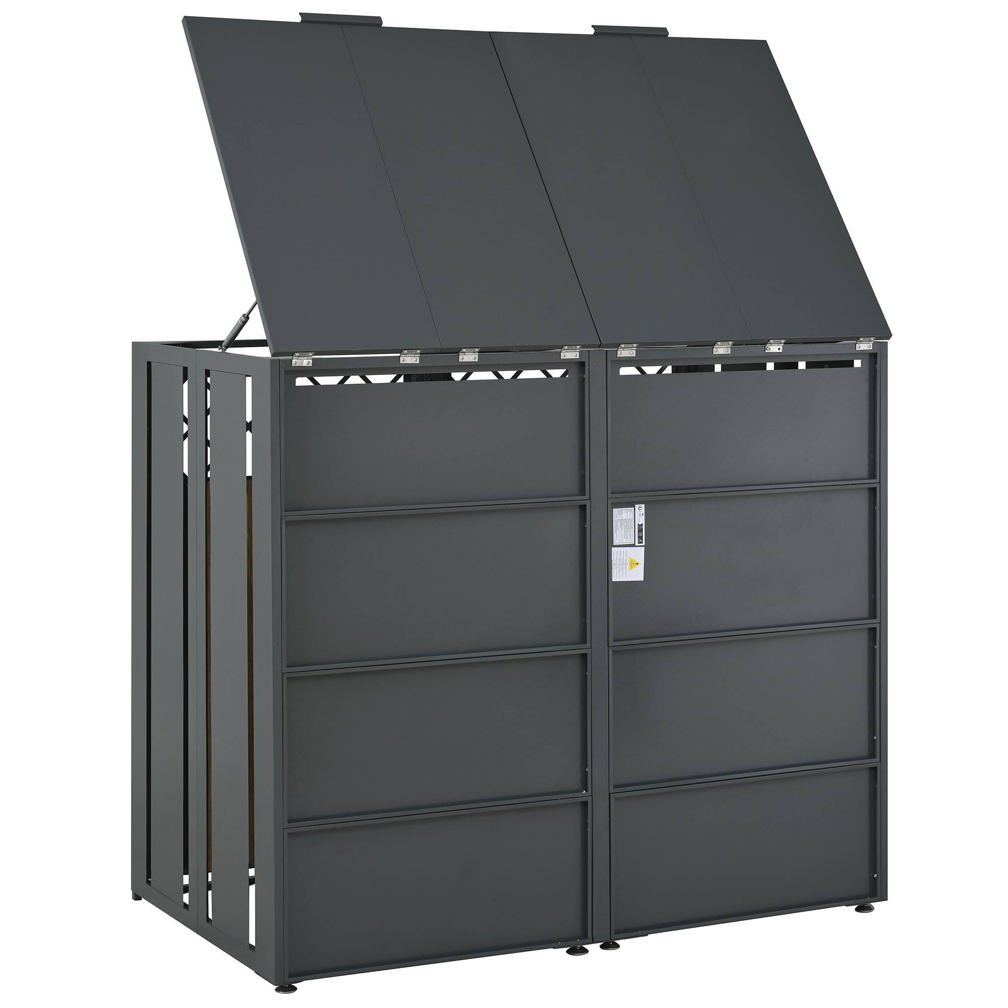 Merax Mülltonnenbox 2 Türen mit hydraulischem Klappdeckel & doppelter Frontöffnung, abschließbare Mülltonnenverkleidung für 2 Tonnen, Doppeltür-Design, verzinkter Stahl, rostfrei & wetterfest, Grau