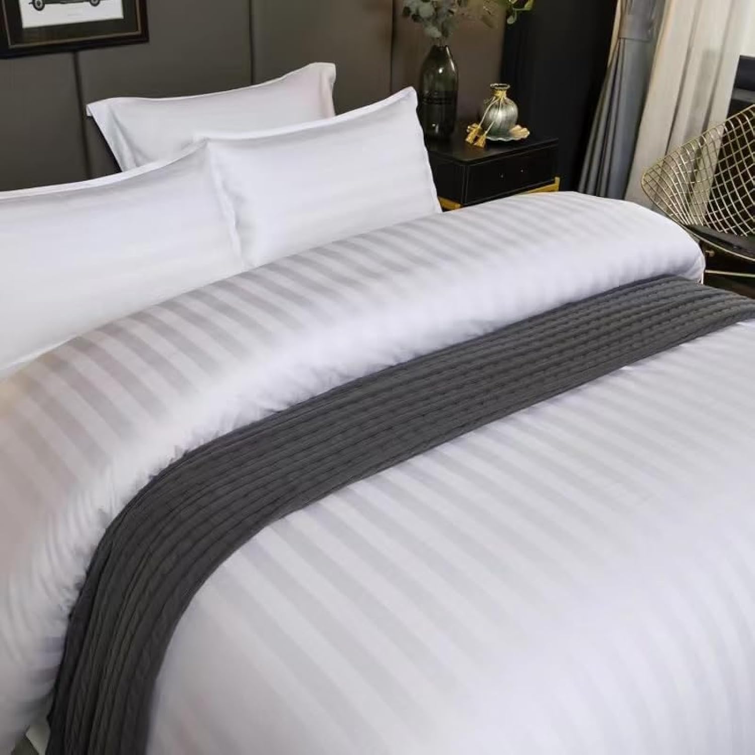100% Egyptian Cotton 240 Thread Count 3 Piece Satin Stripe Duvet Cover Set - Queen Size, Includes 1 Duvet Cover 200 x 200 cm & 2 Pillowcase (50 x 75 cm), Sateen Finish Type, White colour