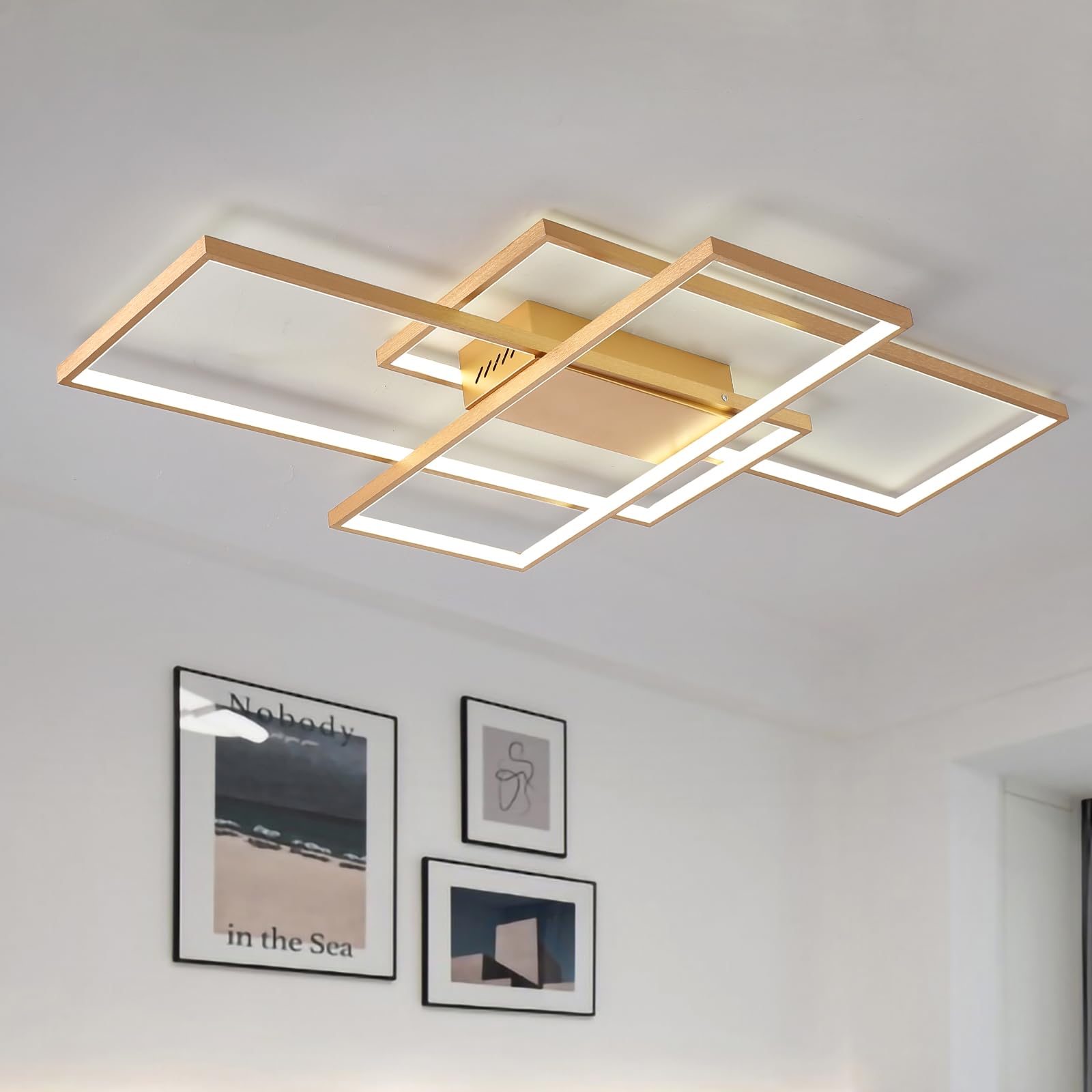 JIINOO Lámpara de techo regulable, 110 cm Lámpara de techo con control remoto Lámpara de araña moderna, cuadrado de 70 W cerca de la luz de techo para la sala de estar del dormitorio, dorado