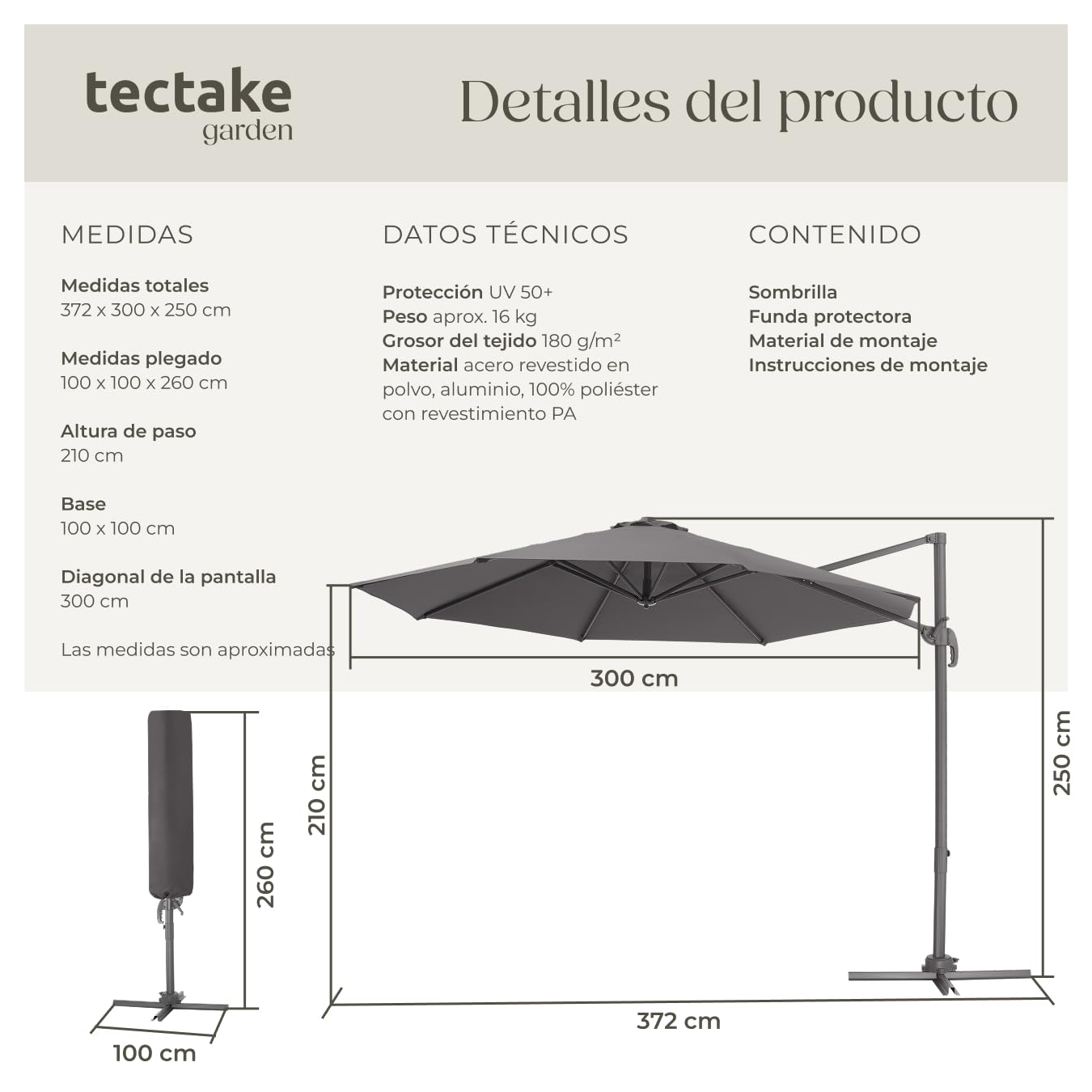 TecTake® Sombrilla Parasol, Protección UV, Inclinación Ajustable, Parasol Jardin, Sombrilla Terraza Exterior, Patio, Funda Protectora, Ventilación Superior, Parasol Terraza Exterior