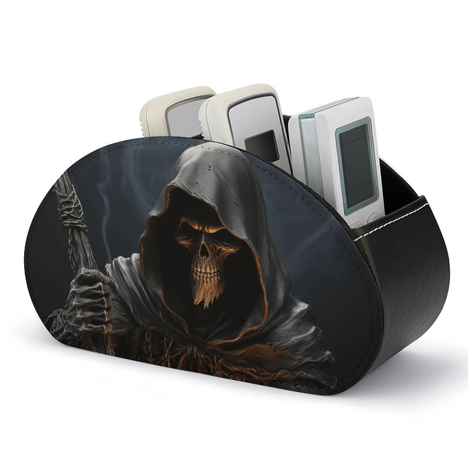 VstaDank Grim-Reaper Remote Control Holder with 5 Compartments PU Leather Remote Caddy Desktop Organizer Store TV Remote Control Storage Box for Home Office Desk Nightstand