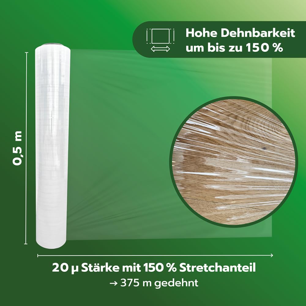 AQUILA EcoGreen Stretchfolie Made in Germany, Verpackungsfolie 50cm x 20 My, aus 100% wiederverwertetem Material, transparent, 150m ungedehnt, 12 Stück