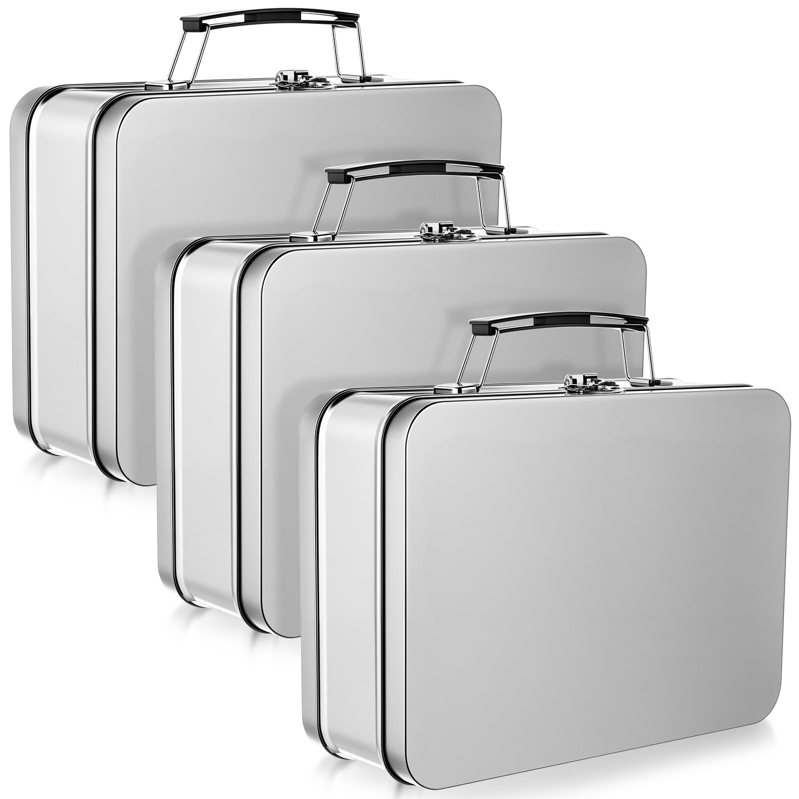 Baderke Paquete de 3 loncheras de metal de 8.1 x 5.9 x 3 pulgadas con tapas con bisagras, mini caja de metal vintage pálido gris plateado para hombres, mujeres, adultos y hombres