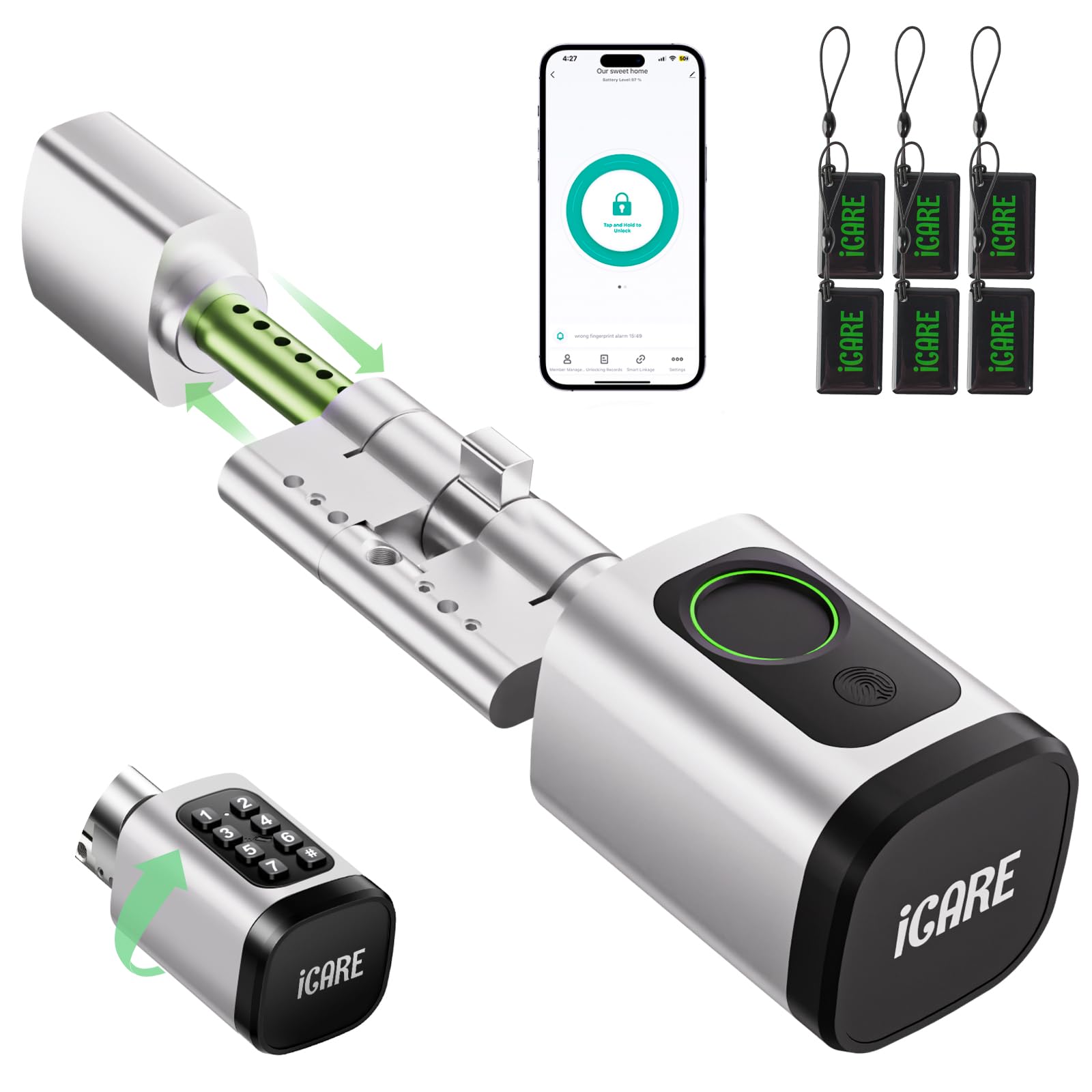 Serrure Connectée, Serrure Biométrique avec Cylindre à Code, Compatible avec Les cylindres de 60 à 90 mm(30/30,45/45), utilisable avec Bluetooth, App, Empreinte Digitale et clé pour Ouvrir Le verrou