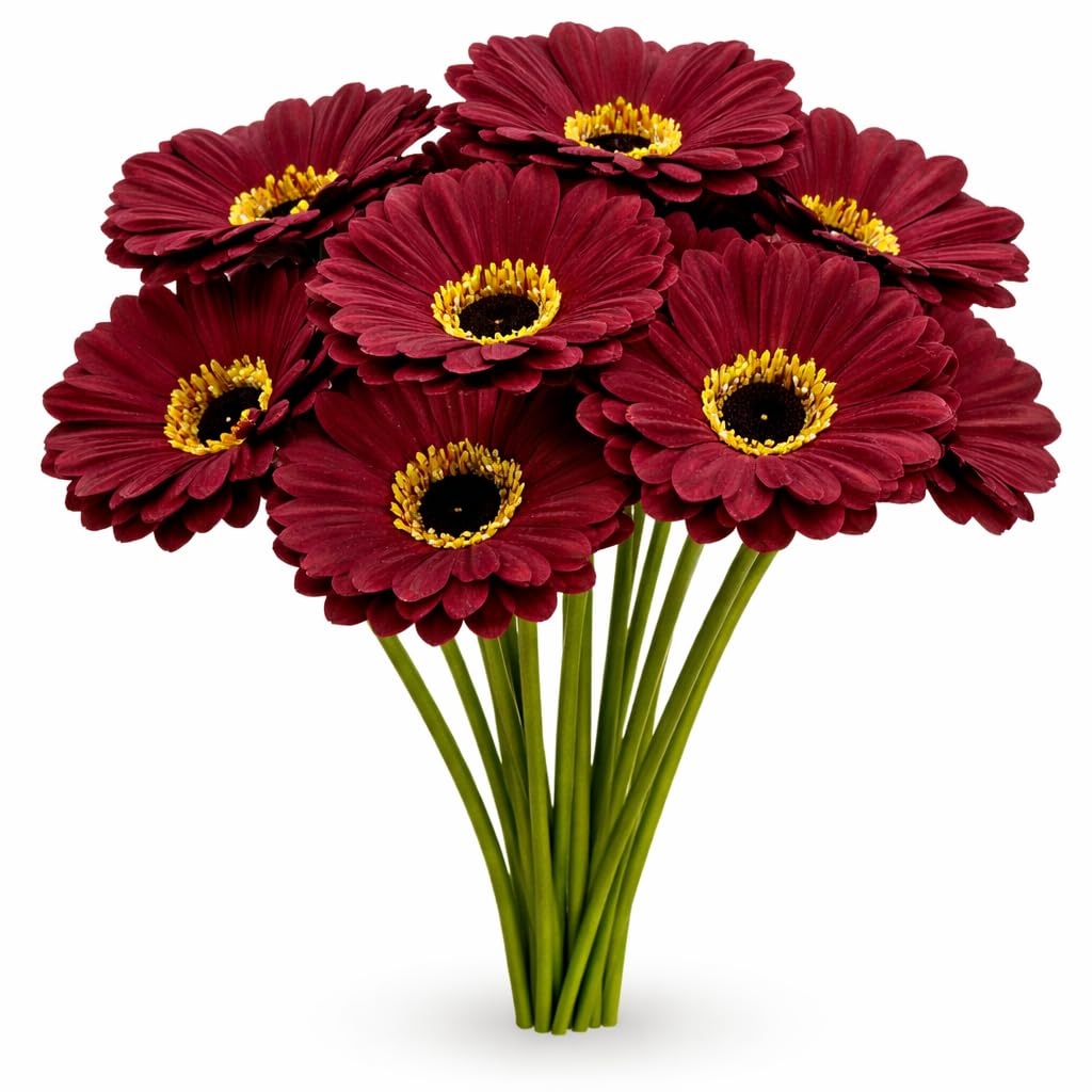 Artificial Flowers Daisy Bunch - 10 Flower with Stems, Real Looking Decorative Fake Flowers for Living Room, Bedroom, Office, Hotel & Events | Long-Lasting Floral Décor (Maroon)-image-26