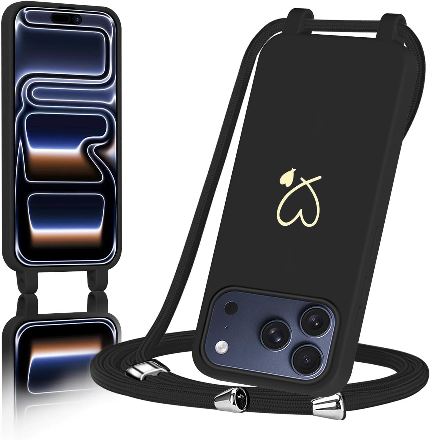 AoozeFon für iPhone 17 pro hülle mit Band, Handyhülle iPhone 17 pro mit Kordel zum Herz, Schutzhülle Handyband mit Umhängen Abnehmbare Weich TPU Liquid Silikon Bumper, Schwarz