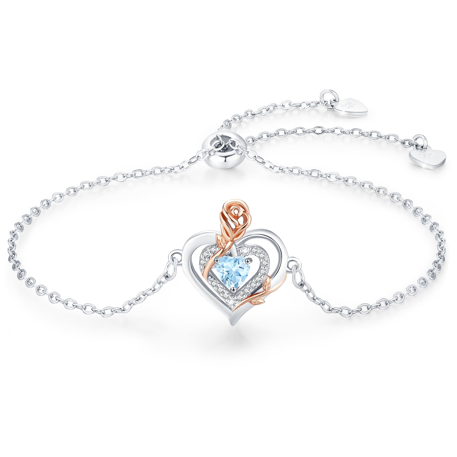 LAVUMO Armband Damen Silber 925 Echt/Messing Doppelherz Rose Blume Armbänder für Frauen Geburtsstein Schmuck Geburtstags Muttertags Geschenke für Frauen Freundin Verstellbar Armkette
