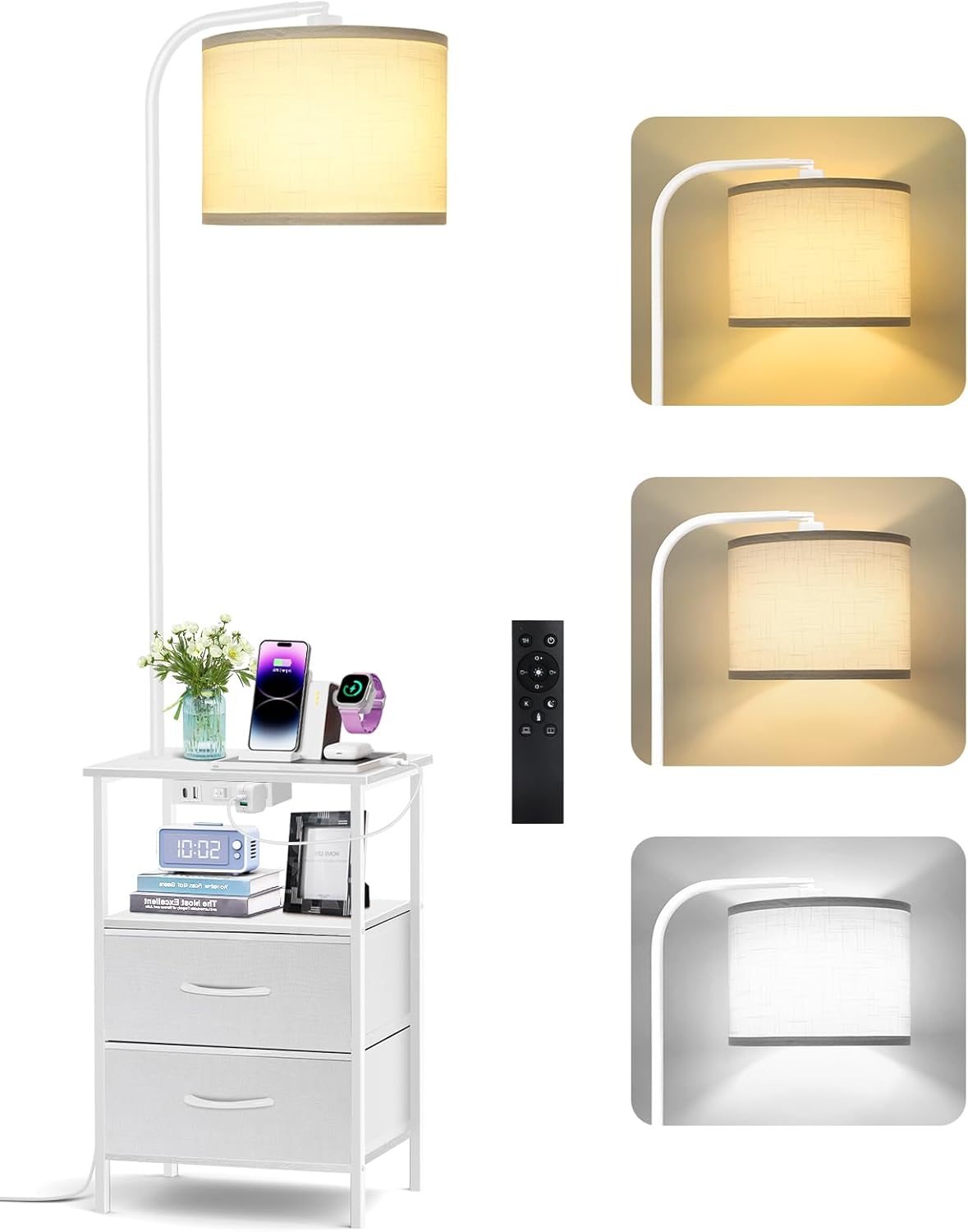Floor Lamp with Table, 2 Drawers & Remote, Side End Table with Charging Station, Dimmable Nightstand with 3 Color Temperature, 1-Hour Timer, 12W LED Bulb, for Living Room, Bedroom(White)