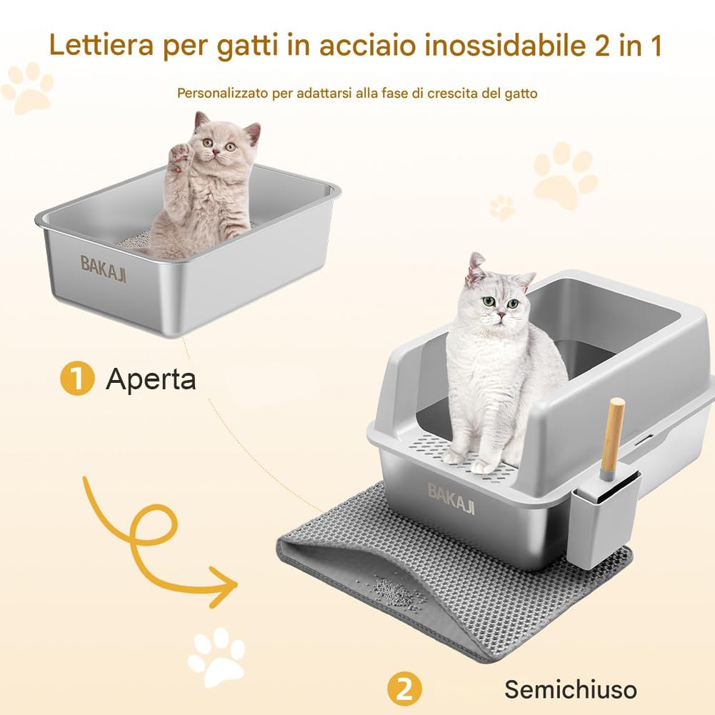 BAKAJI XXL offene Katzentoilette mit Boden aus Stahl, sandabweisend, Schaufel und Behälter, Schmutzmatte, rutschfeste Unterseite, Fassungsvermögen 35 l, Farbe: Grau, 60 x 40 x 30 cm
