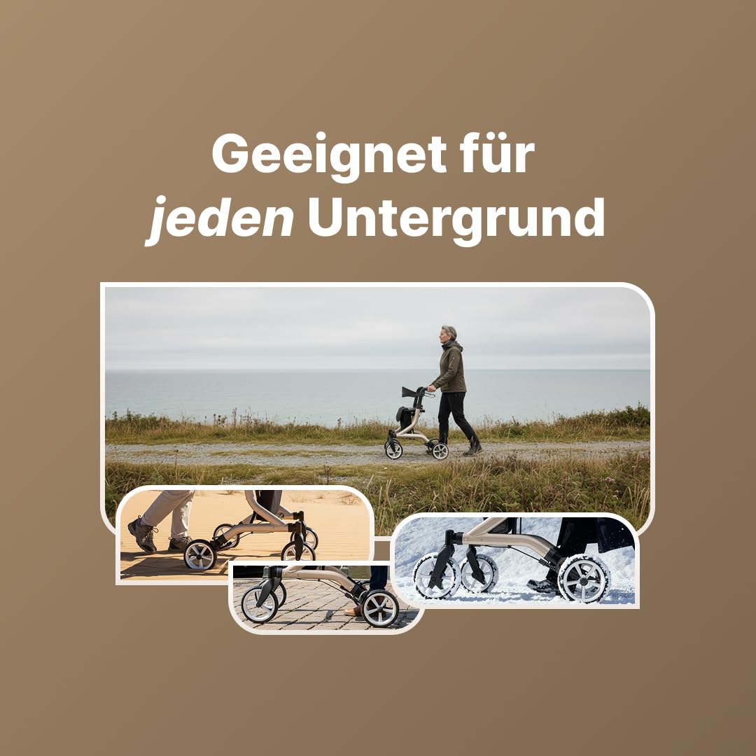 SuperLight Rollator – ultraleicht (5,1 kg), aus Aluminium, faltbar, (74 × 64 cm), mit Sitz & Rückenlehne, versteckten Bremskabeln – ideal für Alltag & Reise - Gehhilfe für Senioren - Champagner