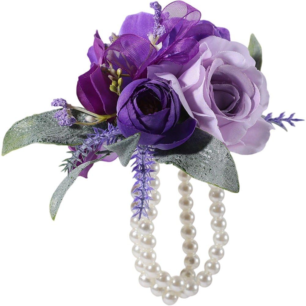 Uzztfa Purple/Lilac Flowers Wrist Corsage For Wedding Prom, Artificial Wrist Flower Groom And Groomsmen Hand Flower Bracelet For Wedding Ceremony Party