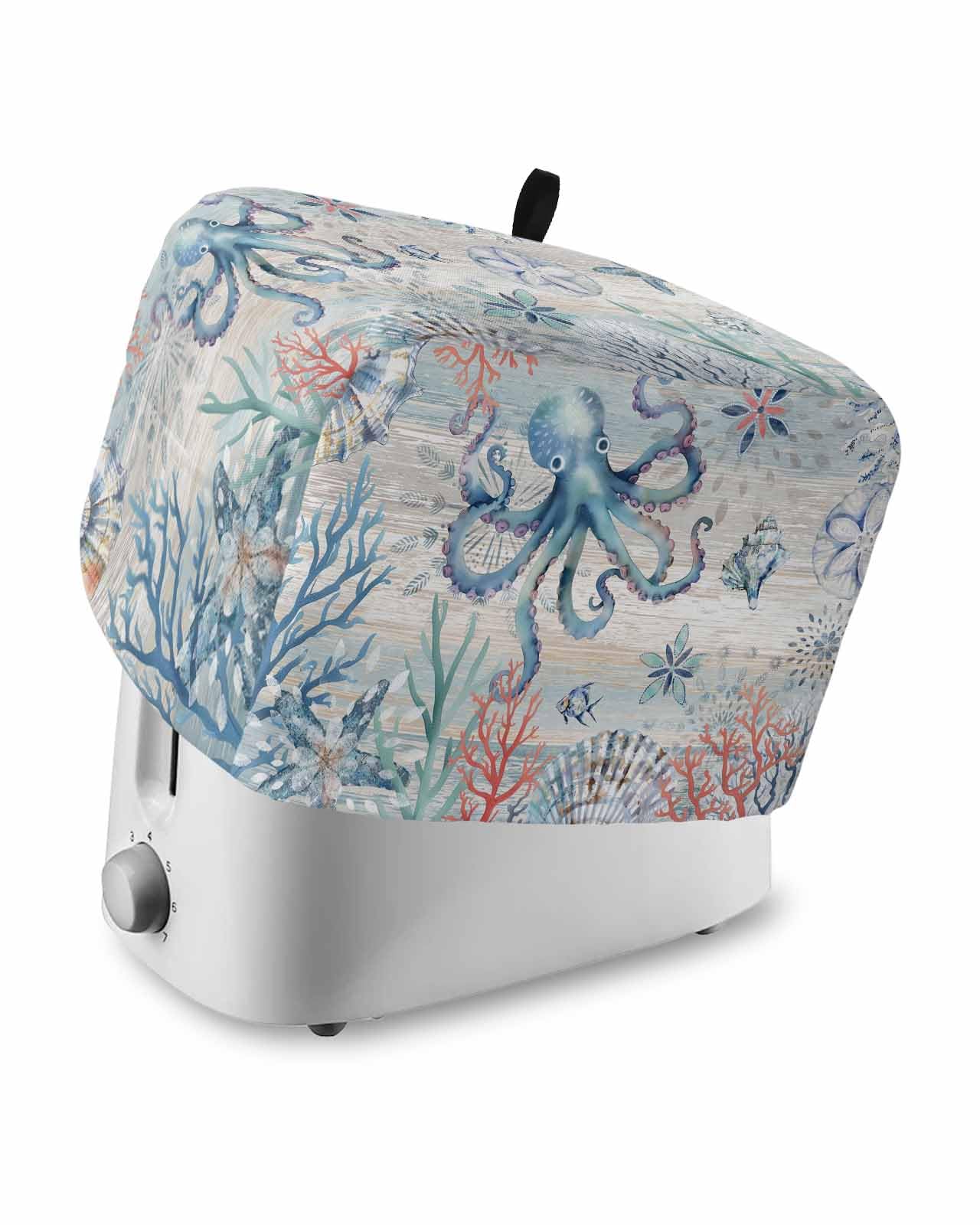 Ocean Toaster Cover 2 Slice, Summer Octopus Starfish Coral Conch Bread Maker Dust Cover with Pockets for Kitchen Small Appliance 11x6x8in