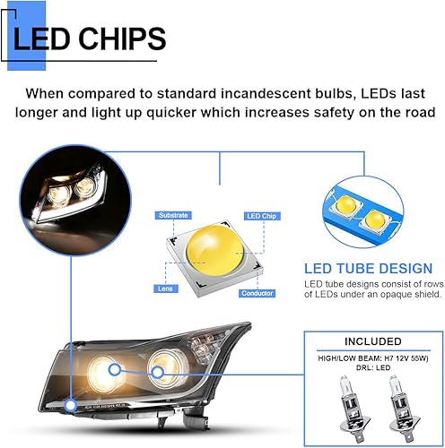 Miniatura 2 de ROXX Conjunto de faros delanteros para Chevy Cruze 2011-2015, tubo LED DRL, carcasa negra, proyector, faros delanteros, par de faros delanteros,