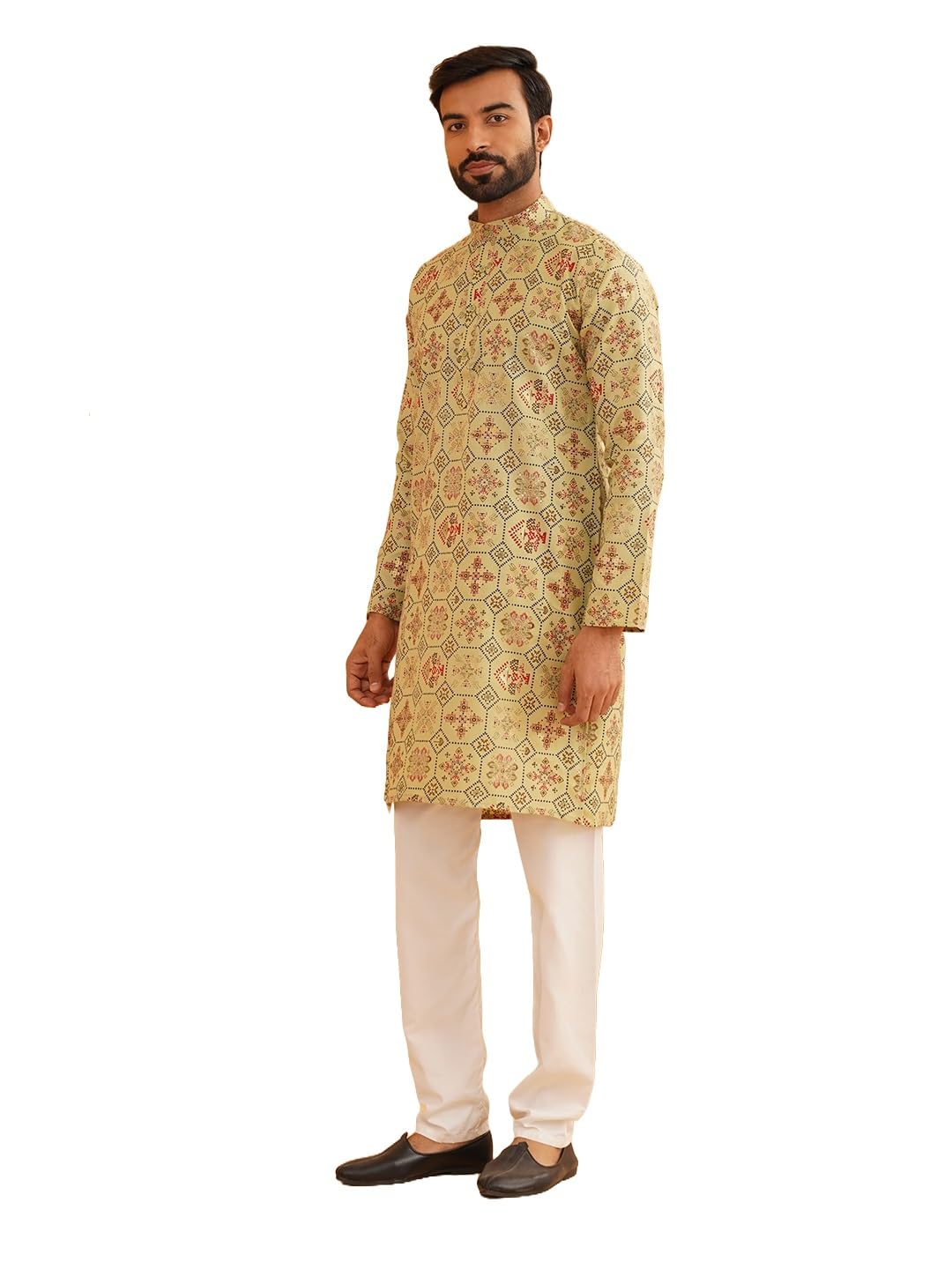 sojanya (Since 1958 Men's Cotton Linen Yellow & Multi Print Kurta & White Churidar Pyjama Set-picture-38