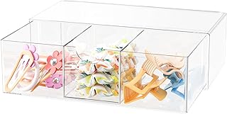 JDOTL Hair Accessories Organizer for Girls, Clear Acrylic Hair Bow Tie Clip Scrunchie Holder with Divider, Cute Small Stac...