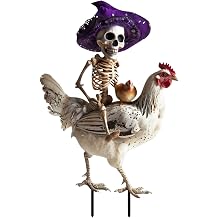 Chicken Skeleton Halloween Metal Yard Sign, Skeleton Riding Rooster Garden Stake, 01# White