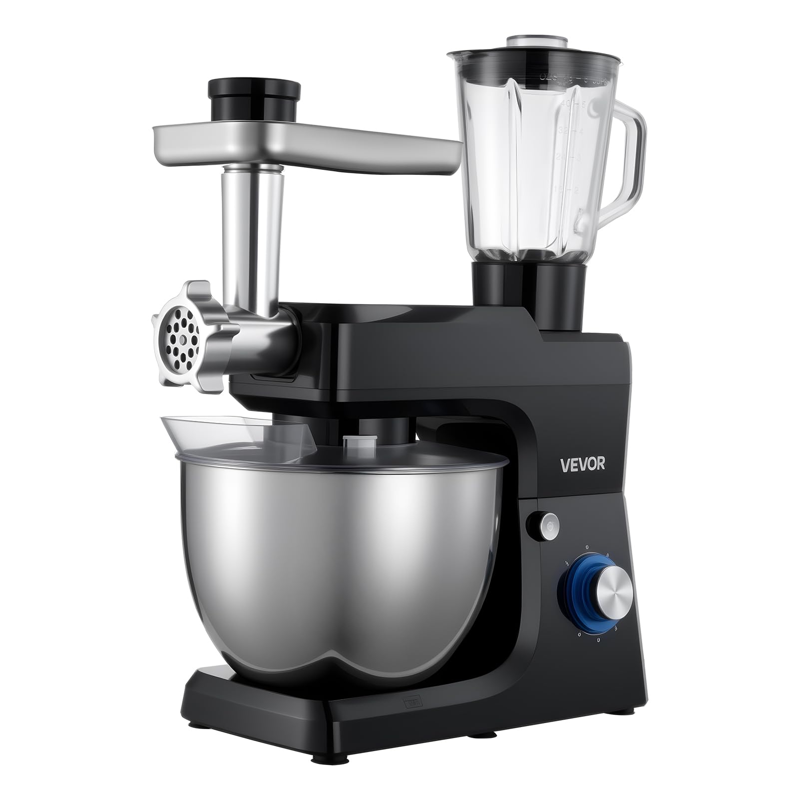 VEVOR multifunktionale Küchenmaschine elektrisch 1500 W mit Edelstahlschüssel (7,8 L) & Mixbecher (1,5 L), Knetmaschine Teigmixer mit 6+P Geschwindigkeiten & Knethaken & Schneebesen & Rührbesen