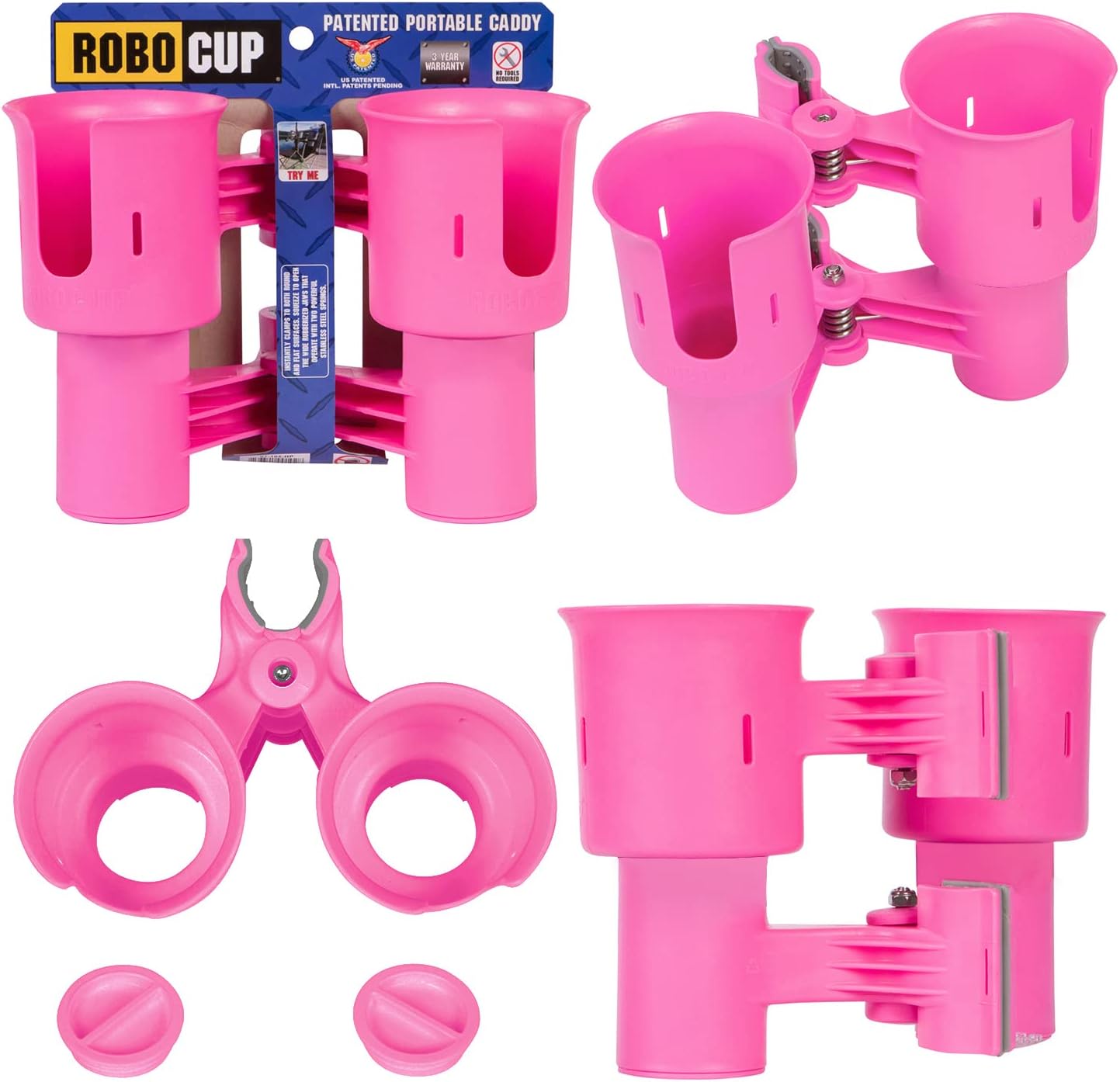 ROBOCUP, (Hot Pink EZ-Spring), Patented Clamp On Boat Cup Holder |Multifunction Dual Drink Caddy for Fishing Poles, Tools, Net |Portable Storage for Boating, Beach, Umbrellas, Golf Carts, Strollers