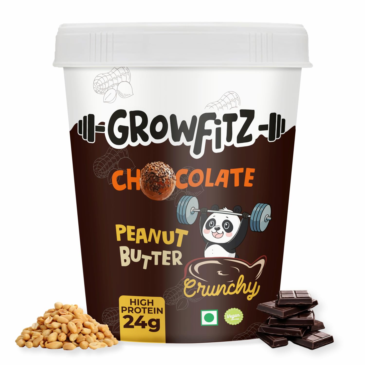 Growfitz Peanut Butter Chocolate Crunchy 400g | 24g High Protein Peanut Butter | 7g Fiber | Tasty & Healthy Nut Butter Spread for Breakfast & Snacks | Roasted Peanuts | Zero Sugar (Pack of 1)