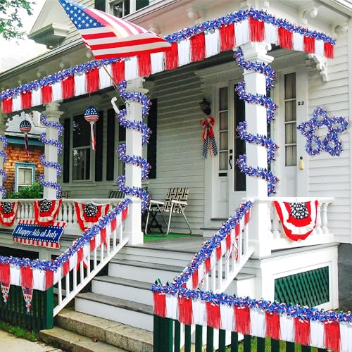 Image of Meonum 4 Pcs 4th of July Parade Float Decorations, American Flag Float Fringes and Patriotic Tinsel Garlands, Red White Blue Garland for Independence Day Memorial Day Decoration (Star)