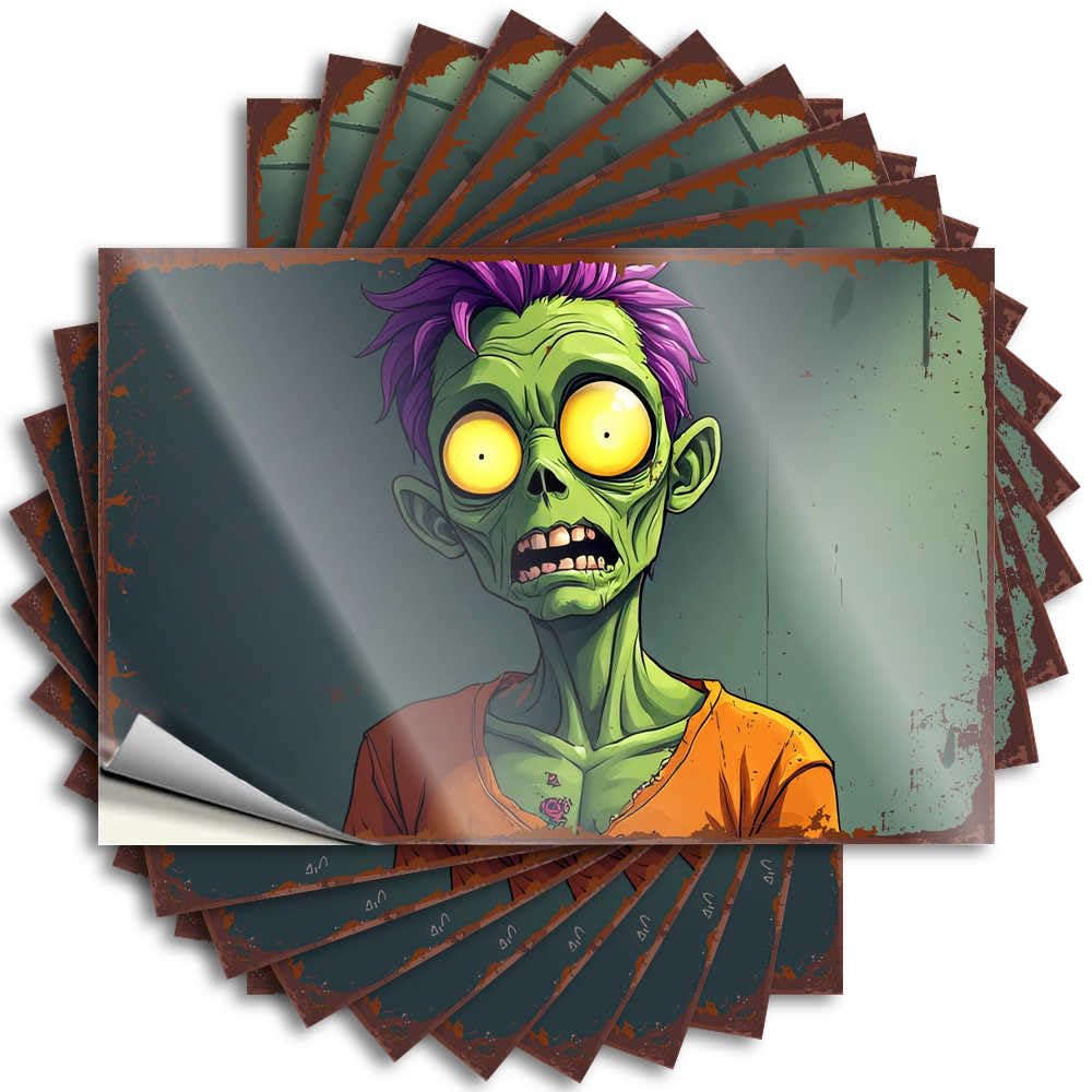 Decals - Optical Illusion Door Spooky Green Zombie with Purple Hair in Orange Shirt for Teens Farmhouse Outdoor Decor(8X12CM)