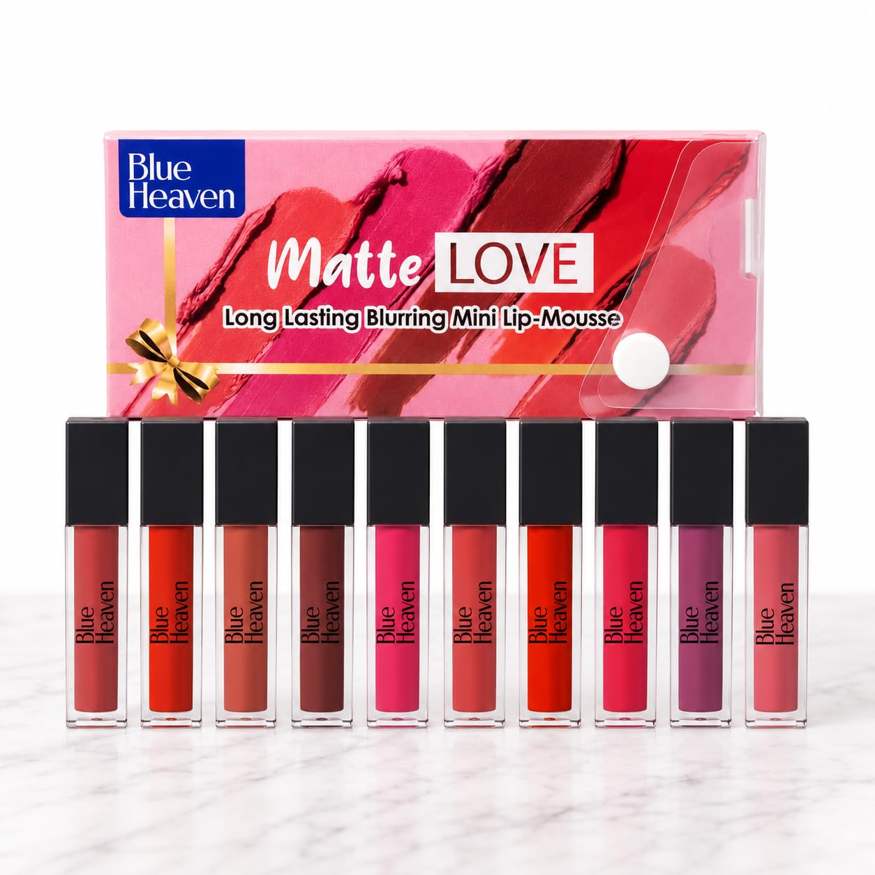 Blue Heaven Matte Love Mini Liquid Lipstick Combo Set Pack of 10 | Long Lasting Waterproof Matte Lipstick for Women | Lightweight Matte Finish with Hyaluronic Acid, Peptides & Cocoa Butter | Mini Lipstick Set | 10ml-image-2