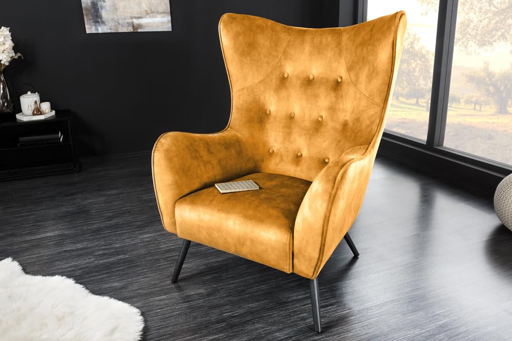 Riess Ambiente Design XL Sessel Amsterdam - senfgelb Samt - Schwarze Metallbeine - Retro Stil, Rundum Bezug
