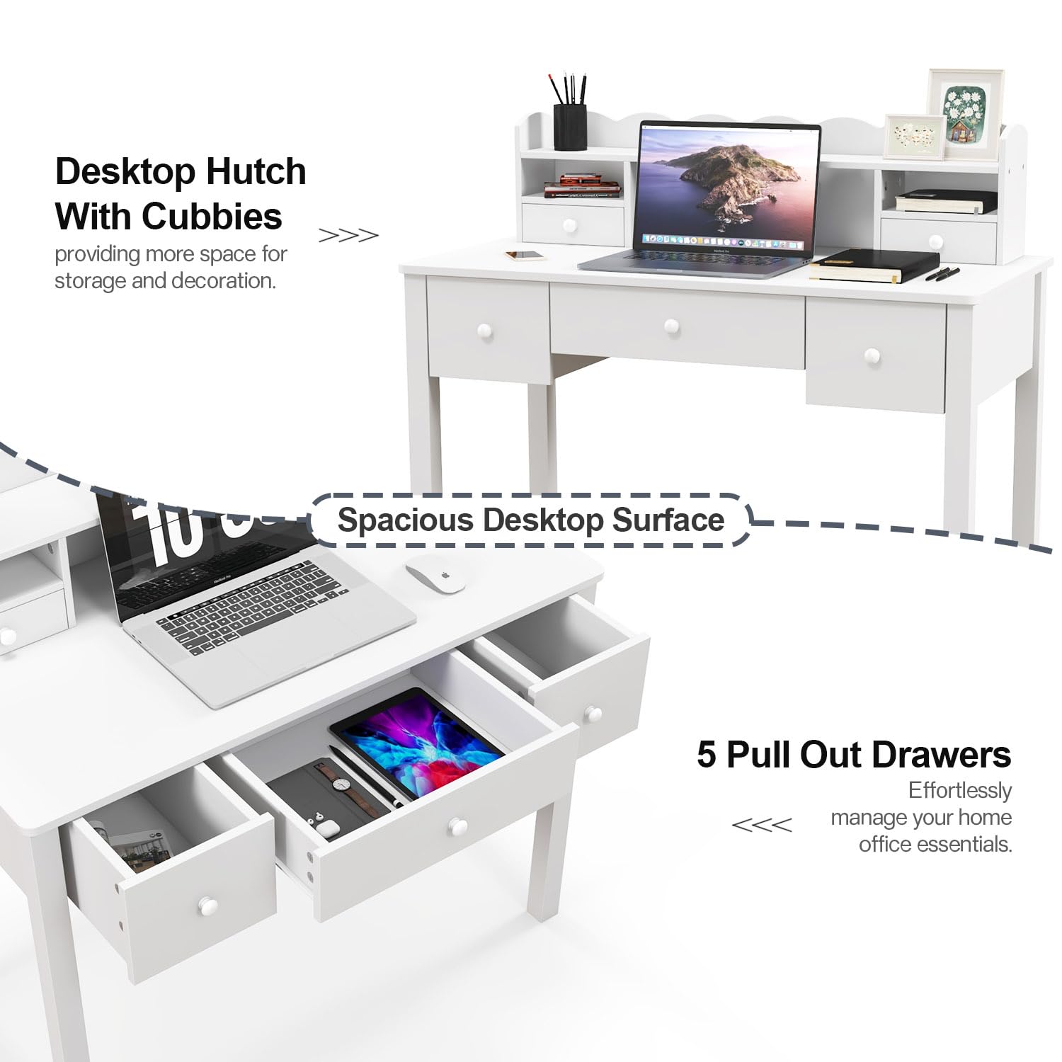 FUNKOCO Writing Desk with Hutch 40 Small White Desk for Girls 5 Drawers | Modern Student Desk for Study Teen Desk for Bedroom Home Office Ideal for Gift product thumbnail 6
