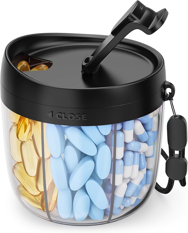 AMOOS Lindo dispensador de pastillas con diseño antimezcla, 7 ranuras, sin BPA, patentado | Organizador portátil de pastillas de viaje, boca ancha para fácil acceso, organizador de frascos de pastillas para vitaminas, aceites de pescado, suplementos, negro