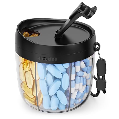 AMOOS Cute Pill Dispenser with 7 Large Compartments- Black
