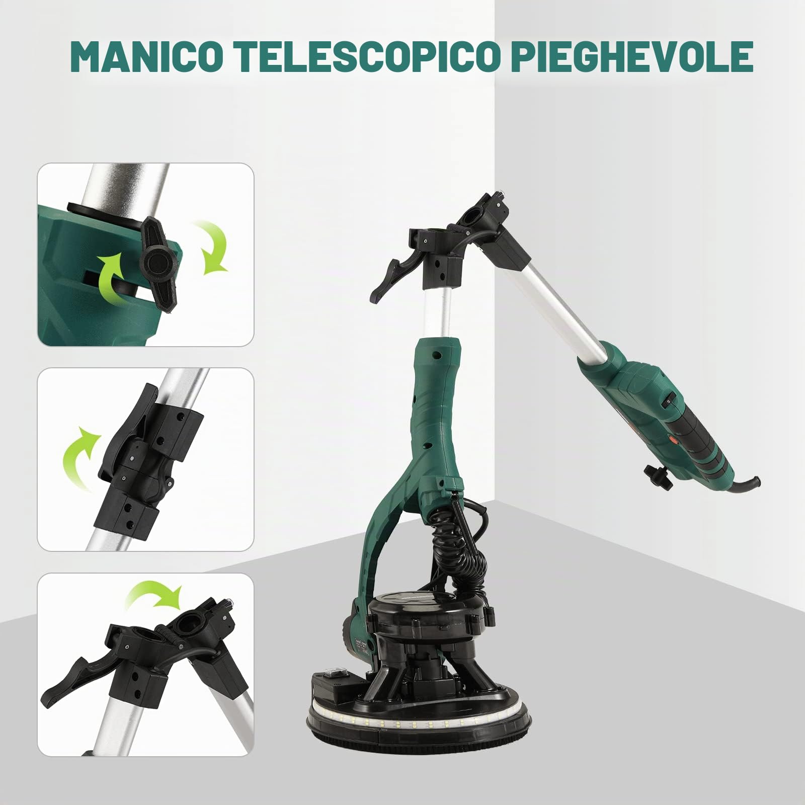 POSENPRO Levigatrice per muro telescopica, 810 W, diam. Platorello 215mm, impugnatura telescopica, attacco per aspiratore, incl. 18 carte abrasive