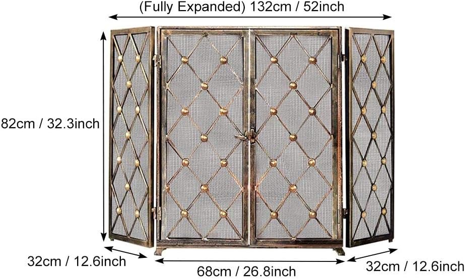 Fireplace Screen Guard, 3 Panel Fireplace Mesh Screen with Door, Rustic Diamond Shape Wrought Iron Fire Saprk Guard, for Indoor & Outdoor Use, 132cm Wide X 82cm High (Color : Rustic Gold)