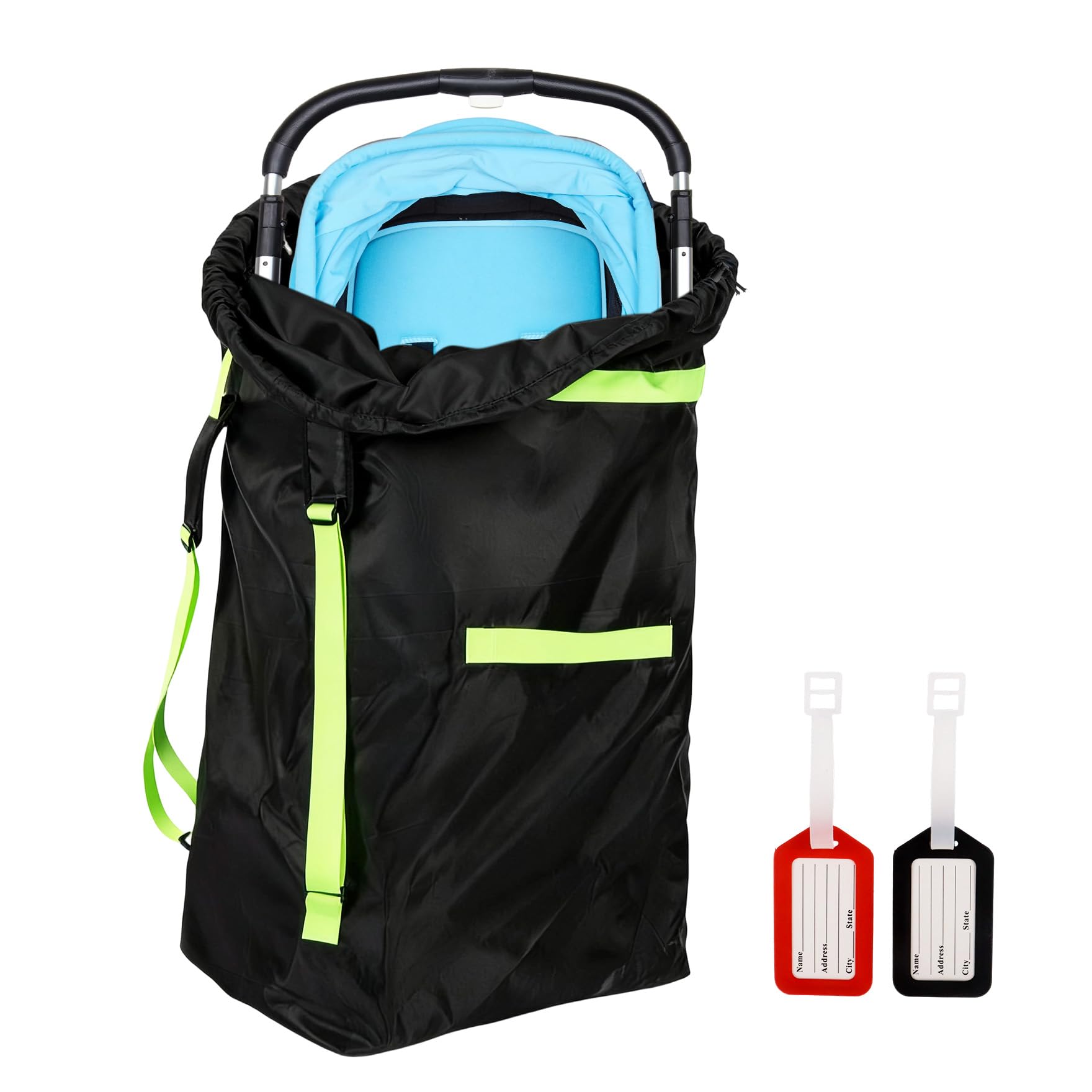 Klmnop Stroller Bag for Airplane, Waterproof Pram Travel Bag for Storage and Gate Check, Large 46"H x 21"W x 13" D Pushchair Transport Bag Fits Single Double Jogging Strollers, Includes 2 Luggage Tags