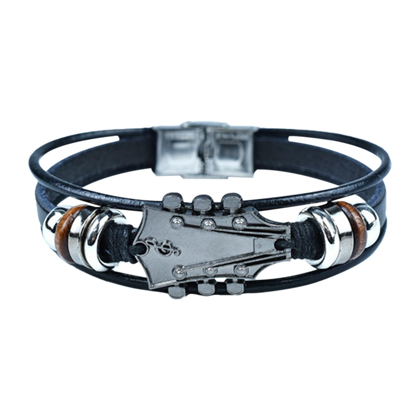 Retro Guitar Leather Bracelet for Man,Handmade Braided Ethnic Tribal Cuff Multi-Layer Cords Wrap Music Shape Punk Rock Jewelry,Punk Guitar Bracelet for Women Men,Gifts for Musicians