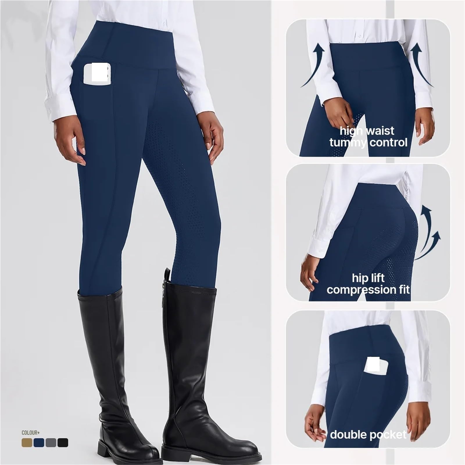 Einfarbige Reithose for Damen aus Silikon, rutschfest, elastisch, hohe Taille, Bauchkompression, eng anliegende Für Reitsport