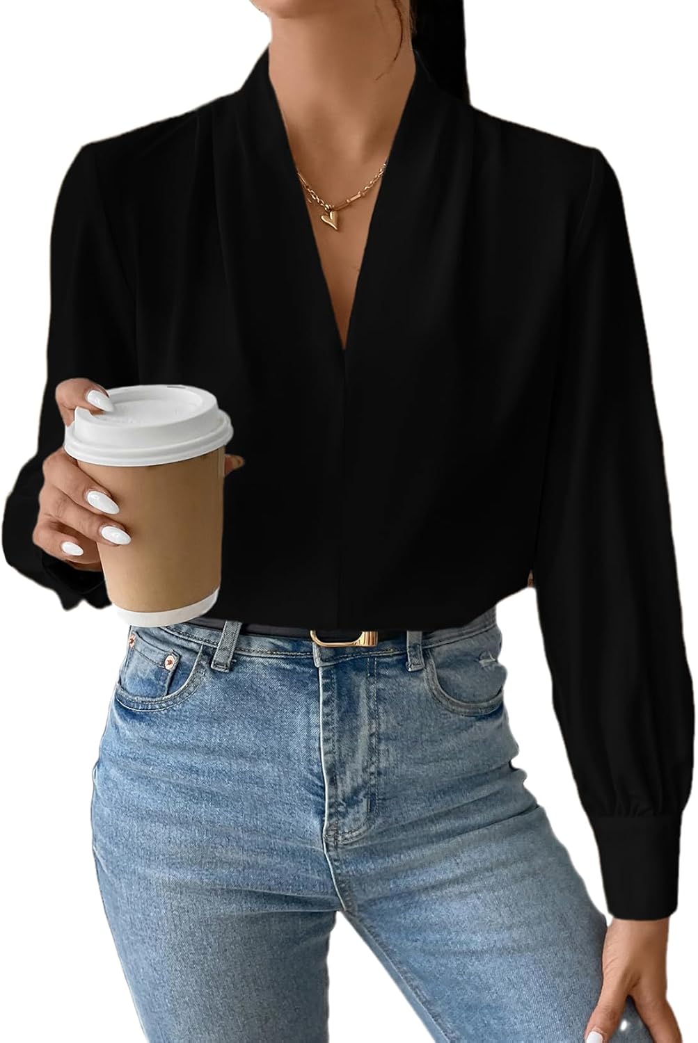 EVALESS Long Sleeve Shirts for Women Trendy V Neck Summer Tops Dressy Casual Chiffon Blouses Loose Fit Work Office Blouse Top X-Large B Black