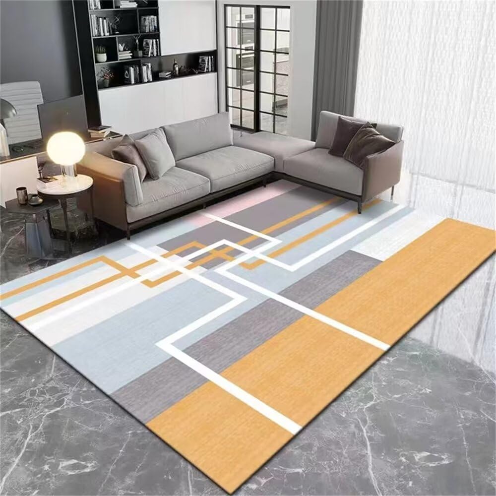 Tapis de salon moderne bleu et jaune 180x250 cm à motif géométrique rayé