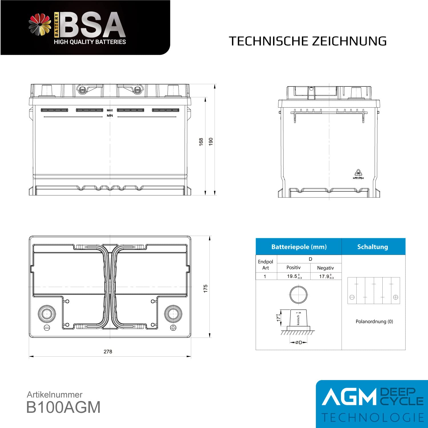 BSA AGM Batterie 100Ah 12V Solarbatterie Deep Cycle Wohnmobil Bootsbatterie zyklenfeste wartungsfreie VRLA Batterie