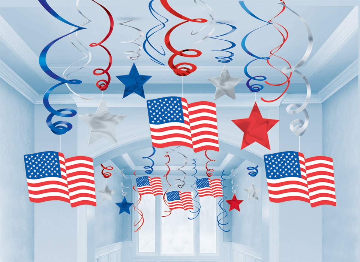 (PKT) 4th July USA Mega Value Pack Hanging Swirl Decorations (30 pk), 24"