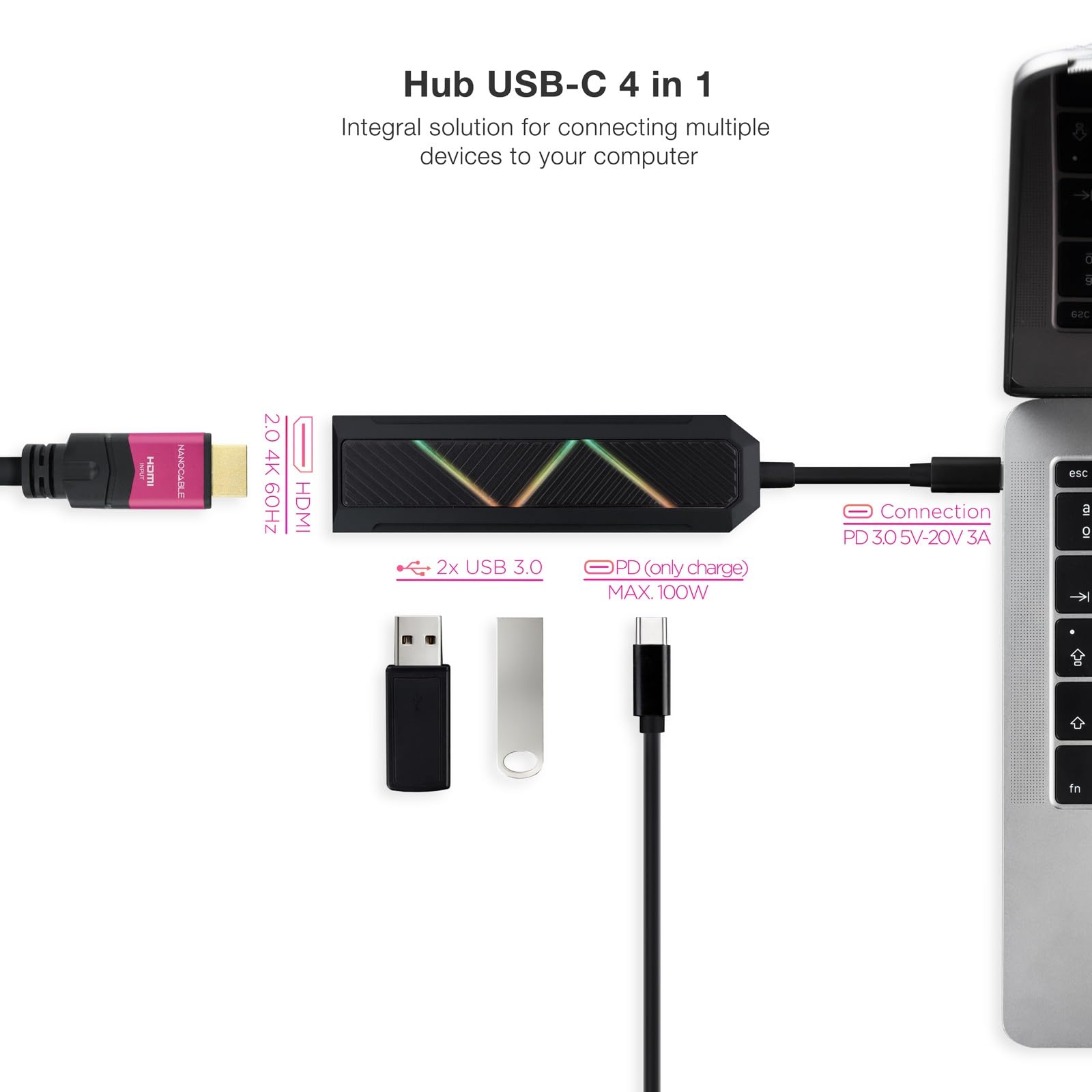 HUB USB-C z dwoma portami USB-A i jednym USB-C z funkcją ładowania oraz złącze HDMI dla wielu urządzeń. Idealny do rozszerzania opcji podłączenia komputera.