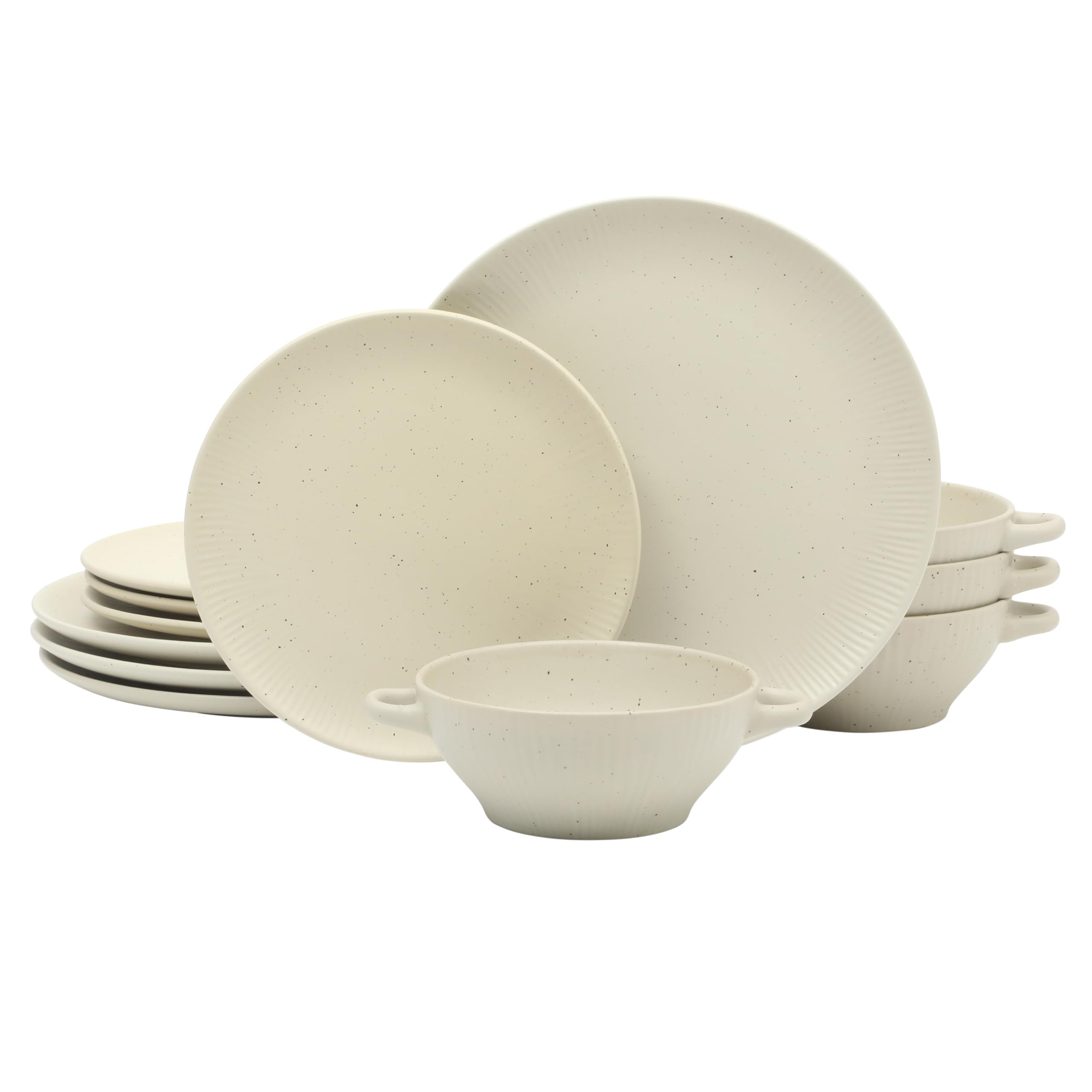 Clover Hill 12-Piece Stoneware Dinnerware Set – White Cream Embossed Plates and Bowls with Matte Speckled Reactive Glaze, Service for 4 – Microwave & Dishwasher Safe