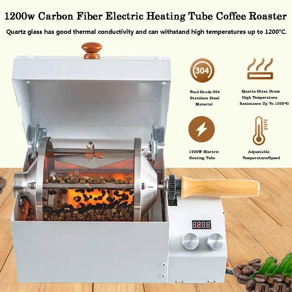 Tostatrice elettrica per caffè con termometro, tostatrice per caffè da 1200 W per uso domestico, tamburo in vetro al quarzo, temperatura e velocità regolabili, per tostare caffè, chicchi verdi, arac