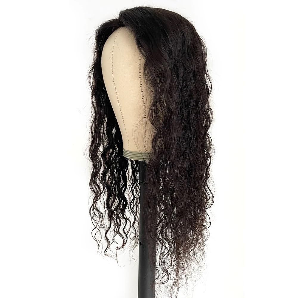 Haarteile for Frauen, natürliches Schwarz, 14 x 16 cm, Seidenbasis, Echthaar, gewellte Perücken mit Clips(12 inch)